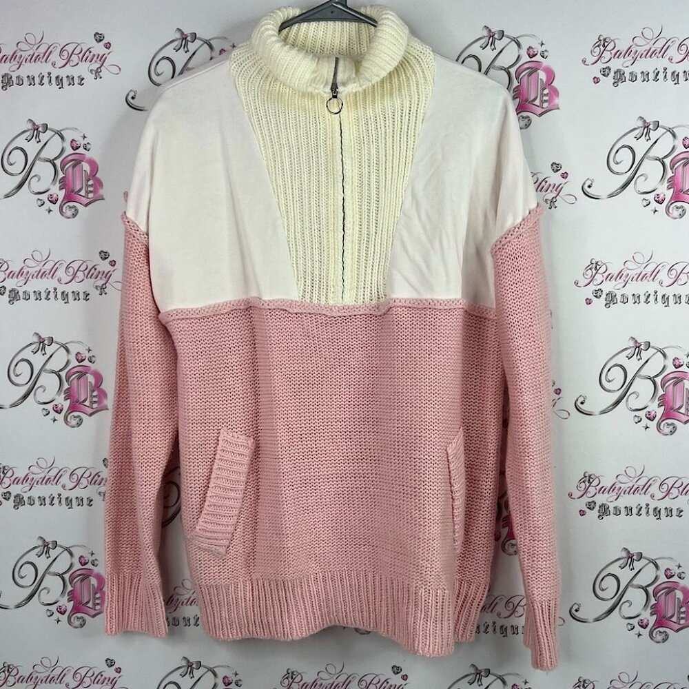 And the why sweater knit knitted Elegant Pink and Cream Turtleneck Sweater